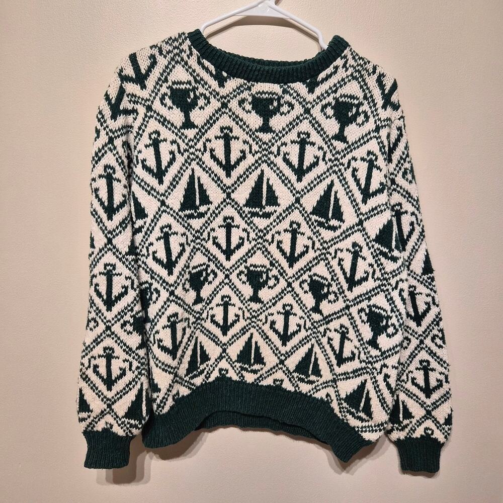 Lands' End Vintage Women's Large 100% Cotton Green & White Sailing Sweater